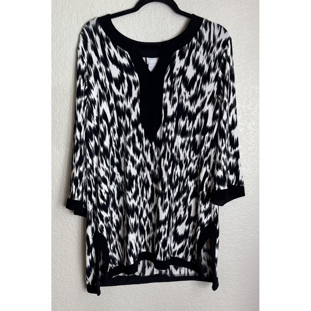 Chicos Travelers 3 US XL 16/18 Black White Ikat Print Tunic Blouse Geometric Art